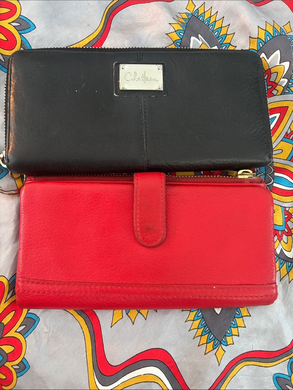 Cole Haan Black Leather Zip Wallet with Red Leather fossil Snap Wallet